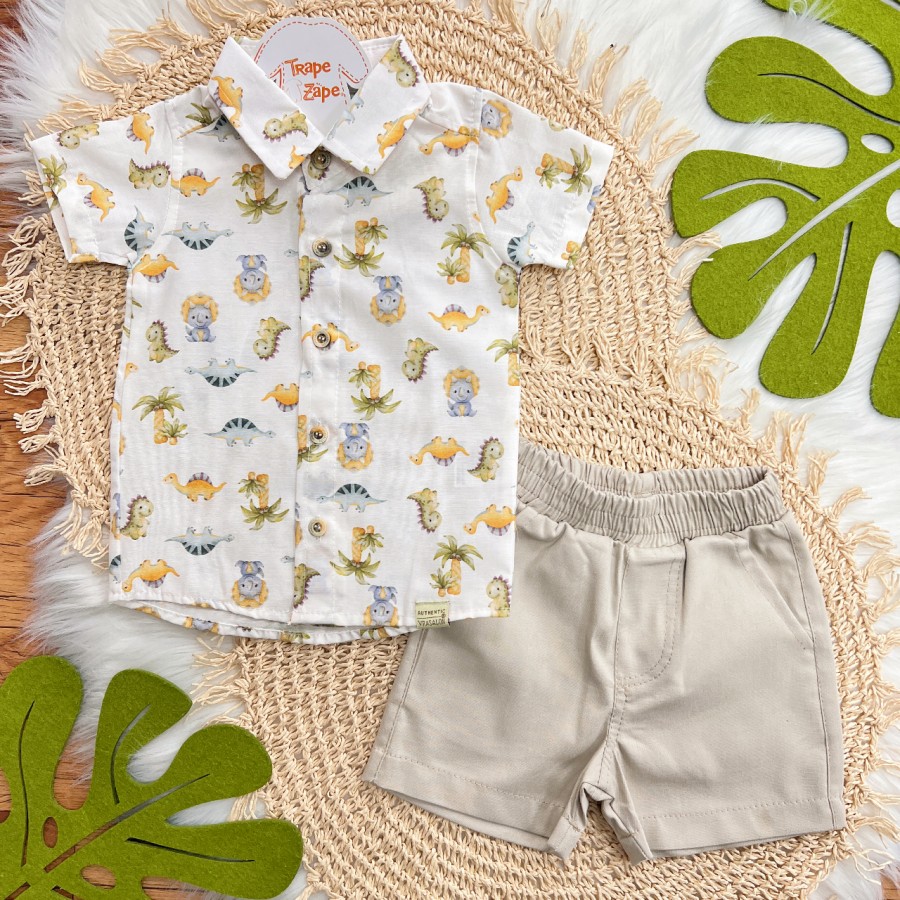 Conj. Camisa Dino Baby e Bermuda em Sarja - Off White e Areia